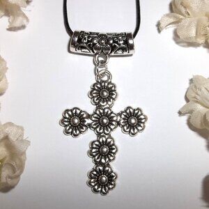 Silver Daisy Flower Cross Necklace Fashion Jewelry Adjustable Length Gift D347